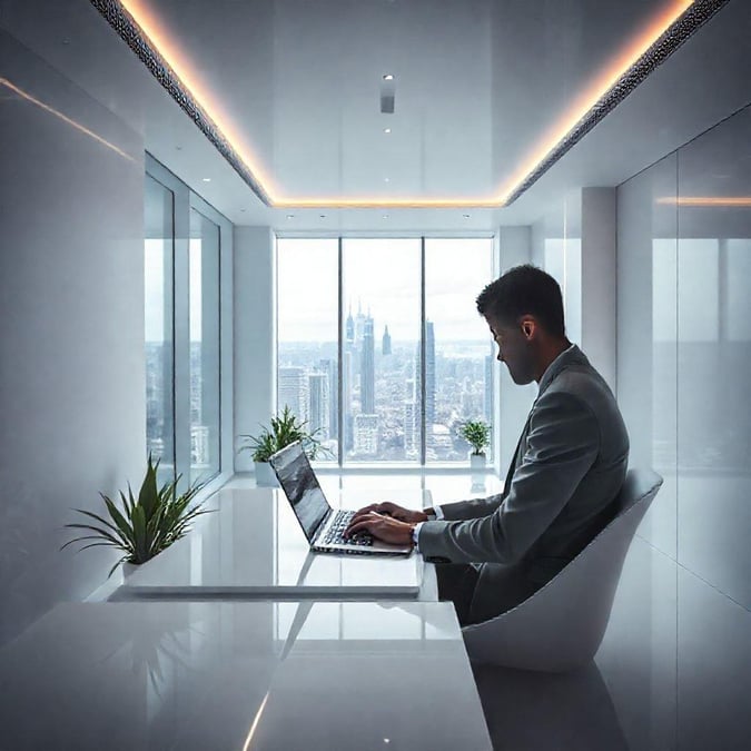 A man in a suit working on his laptop in a modern office with a city view