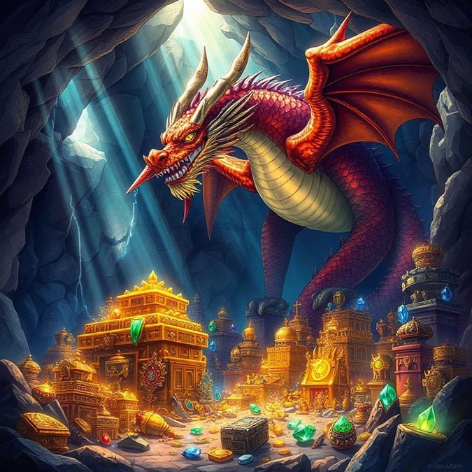 This fantasy wallpaper features a majestic dragon guarding a treasure trove of gold and jewels in a dark cave.