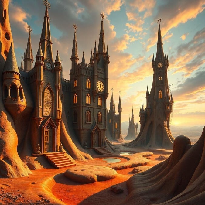 An enchanting view of a castle from a fantasy world, set against the backdrop of a beautiful sunset. The castle appears to be made of sugar or possibly candy, with tall spires and towers reaching into the sky. A few clocks can be seen on the sides of the castle, marking the passage of time in this magical realm. The landscape surrounding the castle is an abstract representation of a desert, with red sand dunes and rocks adding texture to the scene.