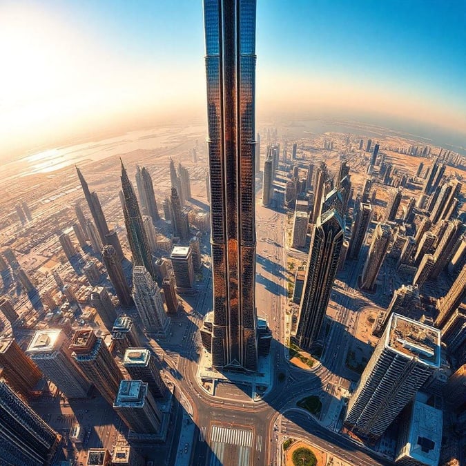 An aerial view of the bustling city skyline of Dubai, featuring skyscrapers and modern architecture that symbolize urban development.