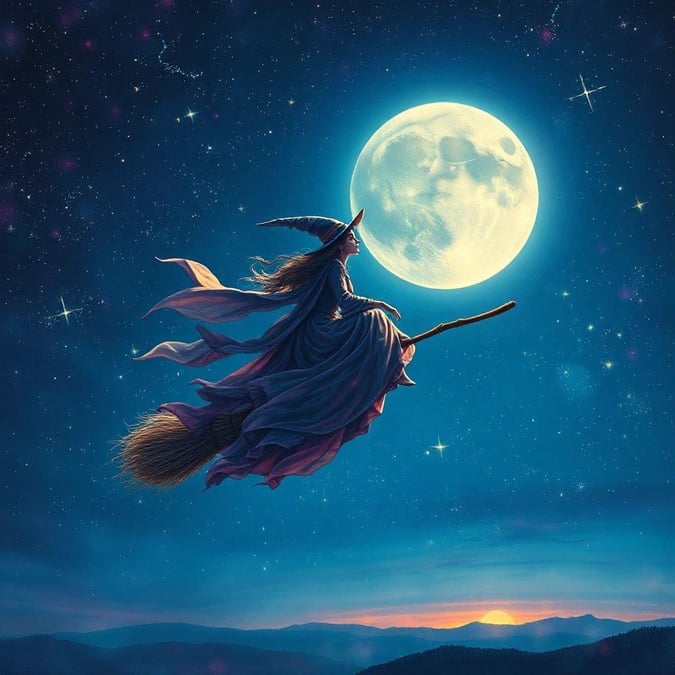 A magical and eerie nighttime scene featuring a witch flying on a broomstick under a full moon, surrounded by spooky trees and a dark, misty forest.