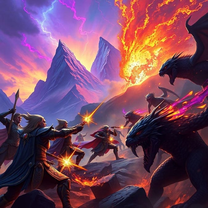 This fantasy battle scene depicts a dramatic and intense moment in a fictional world, with warriors and mythical creatures clashing in a fiery explosion of color and light.