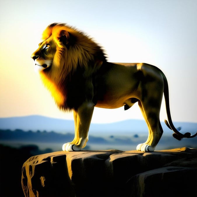 Experience the majesty of the king of the jungle set against a serene landscape.