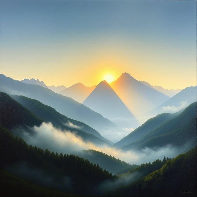 A stunning view of the mountains at sunrise, with the sun casting a warm glow over the landscape.