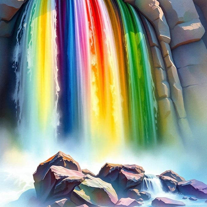 This wallpaper features a stunning waterfall with a vibrant rainbow effect, creating a beautiful and eye-catching display.