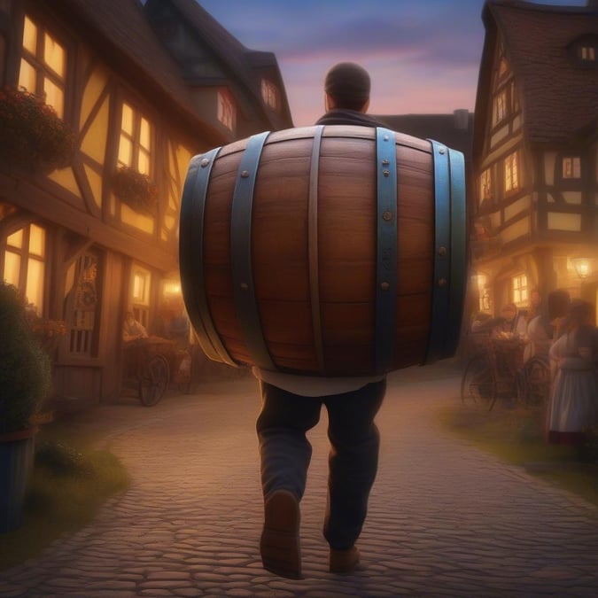 A man strolling down the street at dusk during Oktoberfest, wearing traditional Bavarian attire and carrying a barrel on his back. The warm light of lanterns illuminates the charming alleyway.