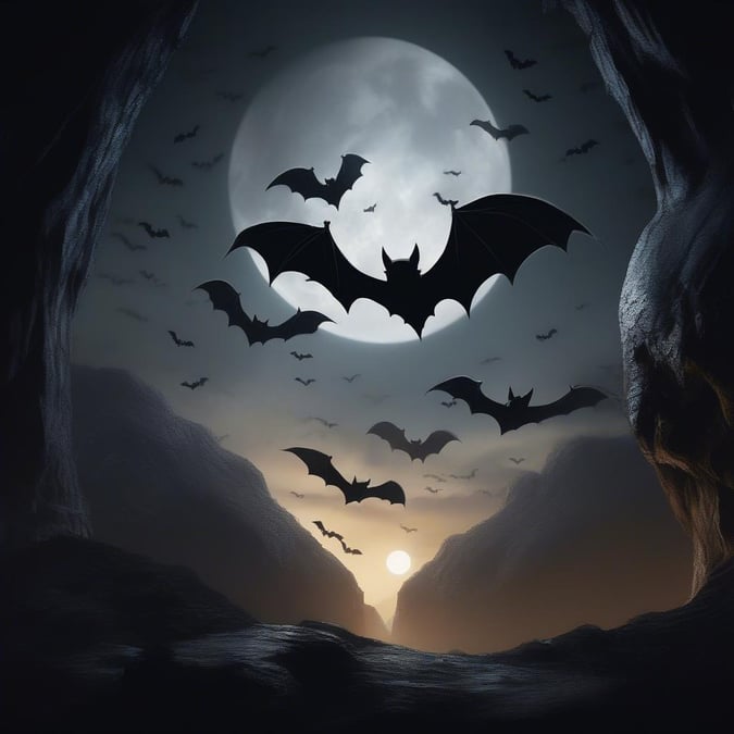 Halloween-teemainen digitaalinen taideteos, joka kuvaa joukkoa lentoeläimiä kuun takana, mikä mahdollisesti viittaa Batman-universumin tarinasta peräisin olevaan aavemaiseen yökohtaukseen.