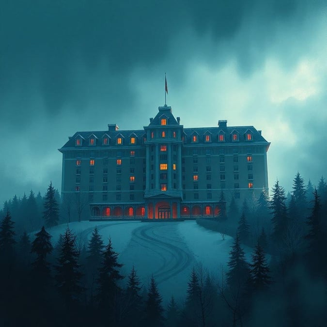 An eerie scene at the entrance of a grand hotel, possibly from a film or television show.