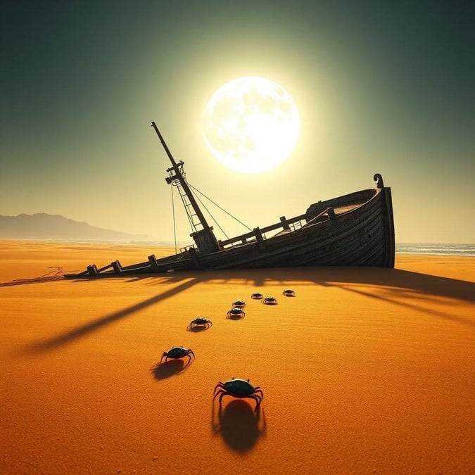 A mysterious moonlit scene on a desert island, featuring a wrecked ship and tiny crabs exploring the sandy shore.