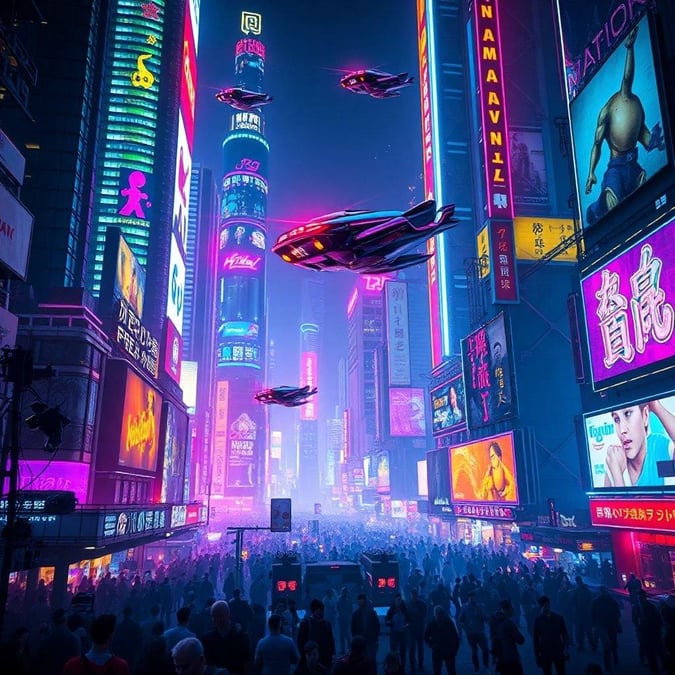 Vibrant neon lights illuminate a futuristic city as flying saucers engage in battle, turning an everyday scene into a fantastical sci-fi spectacle.