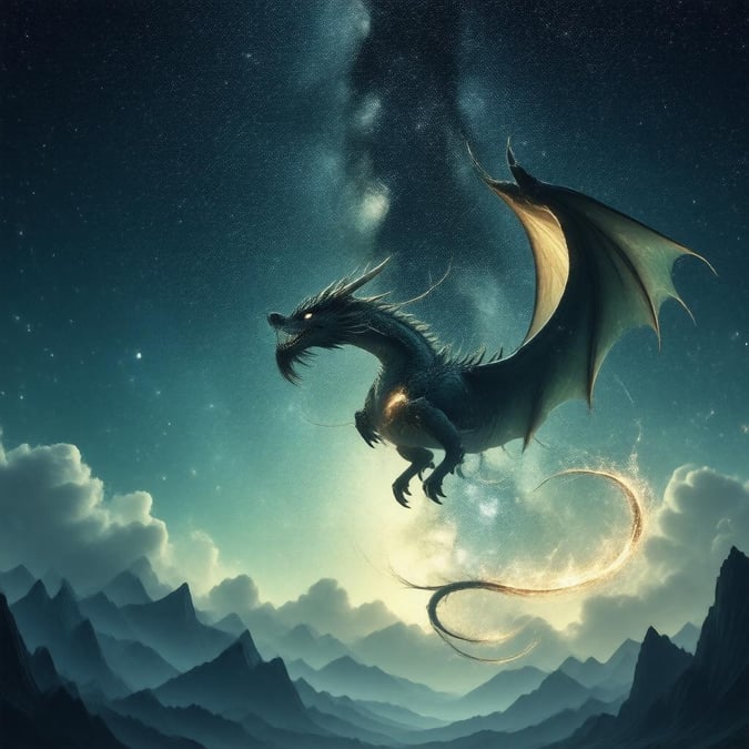 Esta ilustración de estilo anime presenta un majestuoso dragón surcando un cielo estrellado, con la Vía Láctea como punto focal y la silueta de montañas que añade profundidad a la escena.