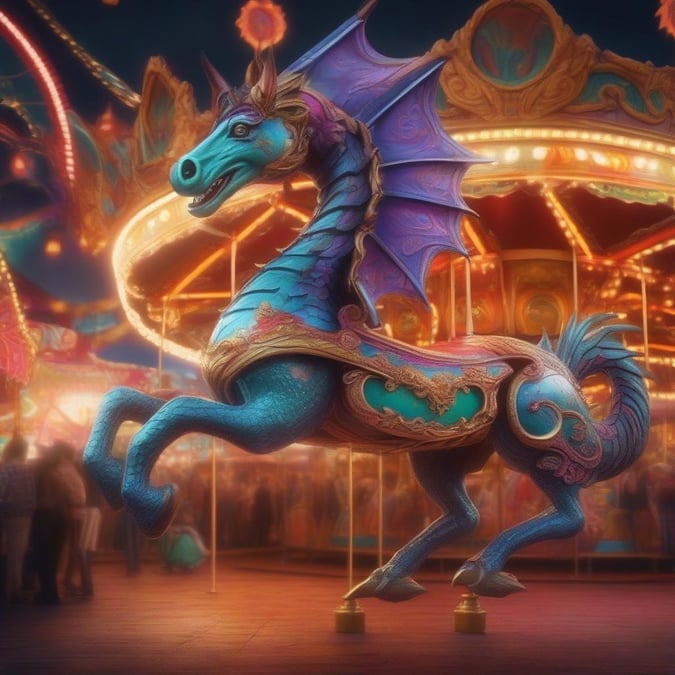 A magical unicorn with the body of a horse, wings like an angel, and the face of a majestic creature stands proudly in a carnival setting. Its vibrant colors and intricate design are sure to bring joy and wonder.