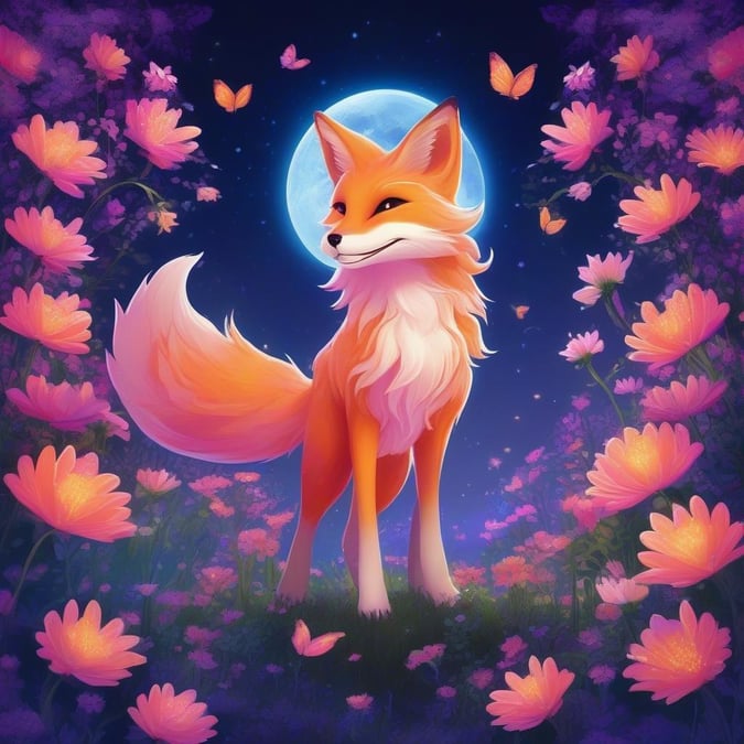 Cette illustration de style anime envoûtante présente un esprit renard magique dansant dans un jardin au clair de lune, entouré de fleurs roses et violettes vibrantes. Les yeux orange lumineux du renard et son large sourire ajoutent à l'atmosphère fantaisiste.