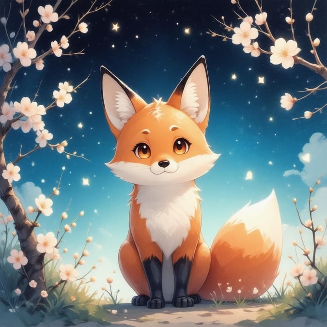 Dieses atemberaubende Anime-Fuchs-Hintergrundbild zeigt eine lebendige und detaillierte Illustration eines Fuchses, der in einem sternenklaren Nachthimmel steht, umgeben von Kirschblüten. Das orangefarbene und gelbe Fell des Fuchses ist wunderschön dargestellt, und sein Blick ist direkt auf den Betrachter gerichtet, was ein Gefühl von Verbindung und Engagement schafft. Die Kirschblüten im Vordergrund verleihen der Szene einen Hauch von Fantasie und Magie und machen dieses Hintergrundbild perfekt für alle, die Anime und Fantasie lieben.