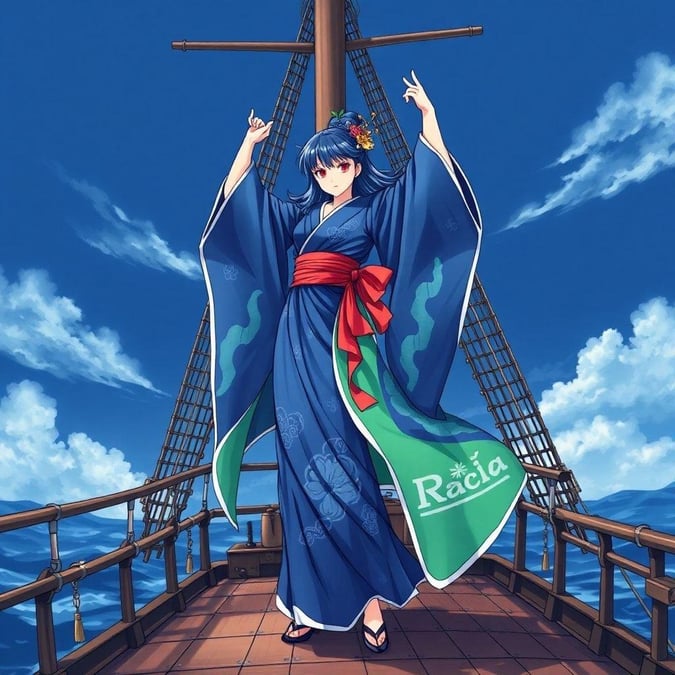 Denna anime-stil tapet visar en majestätisk figur klädd i kimono som står på däck av en segelbåt och utstrålar en känsla av äventyr och beslutsamhet.