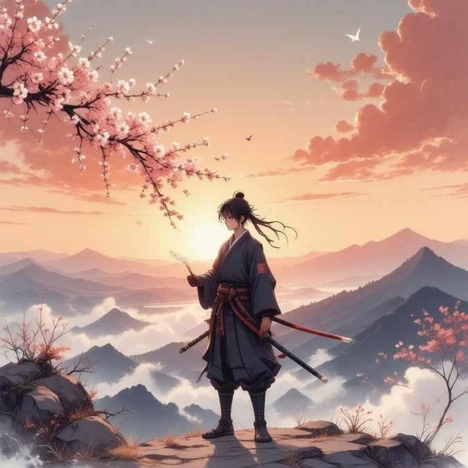 Experimente a beleza serena de um samurai de anime em pé no topo de uma montanha, cercado pelas cores deslumbrantes de um pôr do sol. Esta imagem cativante é uma mistura perfeita de fantasia e natureza, convidando você a escapar para um mundo de tranquilidade e maravilha.