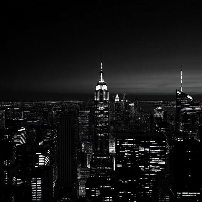 A captivating view of the New York city skyline at night, showcasing its iconic landmarks such as the Empire State Building and the Statue of Liberty. The black and white filter adds a timeless charm to the image, perfect for desktop and mobile wallpaper use.