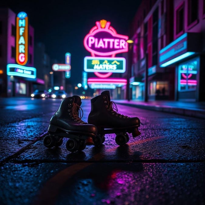 A pair of vintage roller skates parked on a rain-soaked street, under the glow of neon signs. Skate into the city's nightlife with these stylish boots.