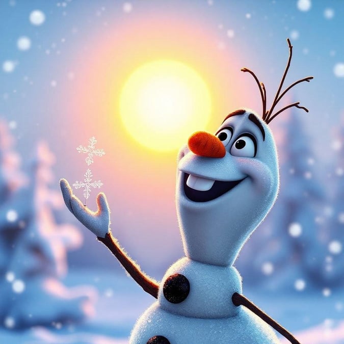 Our favorite snowman, Olaf from Disney's Frozen, is out for a nighttime adventure on a snow-covered landscape. The sky above him is clear and starry, making it the perfect evening for a frolic in the snow with our friend. This wallpaper captures Olaf's joyful spirit and the enchanting world of Frozen.