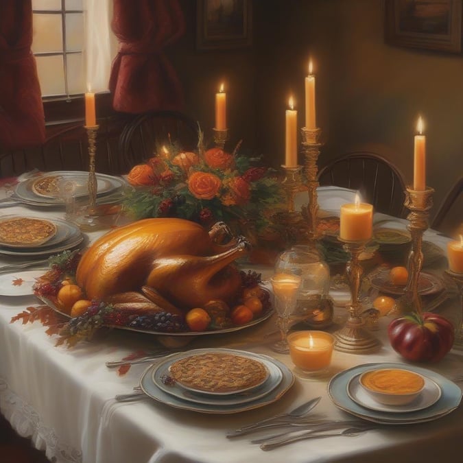 This image captures the essence of Thanksgiving with a beautifully set table, adorned with candles and autumnal decorations.