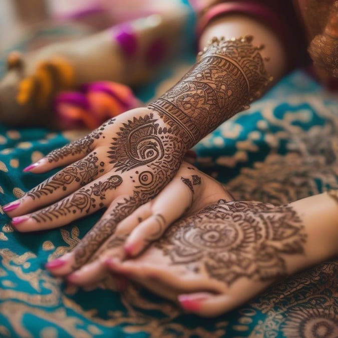 A pair of decorated hands holding each other, adorned in intricate mehndi designs symbolizing the joy and tradition of Diwali celebrations.