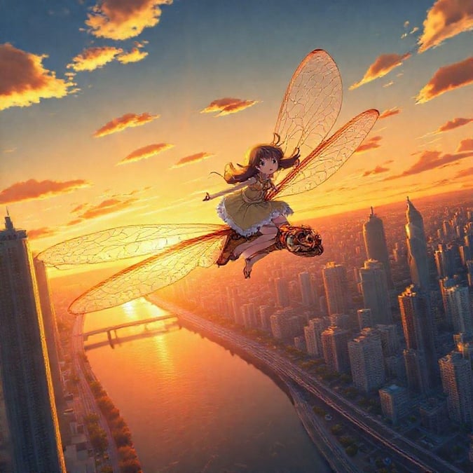 Diese bezaubernde Anime-Illustration zeigt ein junges Mädchen, das auf einer riesigen Libelle über eine Stadtlandschaft bei Sonnenuntergang reitet, mit warmen orange- und gelbtönen sowie hohen Gebäuden und einem Fluss, die eine fesselnde Atmosphäre schaffen.