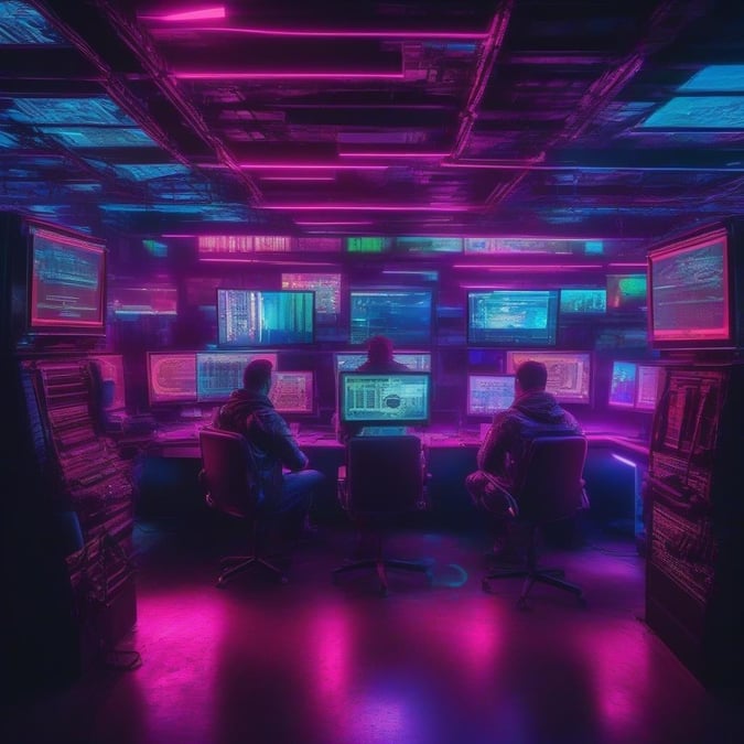 In the heart of a cyberpunk world, three figures sit at their stations, enveloped by the glowing screens that paint the room in shades of pink and blue. Each station is a portal to another universe, as data flows like liquid light between them. This is not just work; this is a dance with ones and zeros, an symphony played by fingers on keyboards.