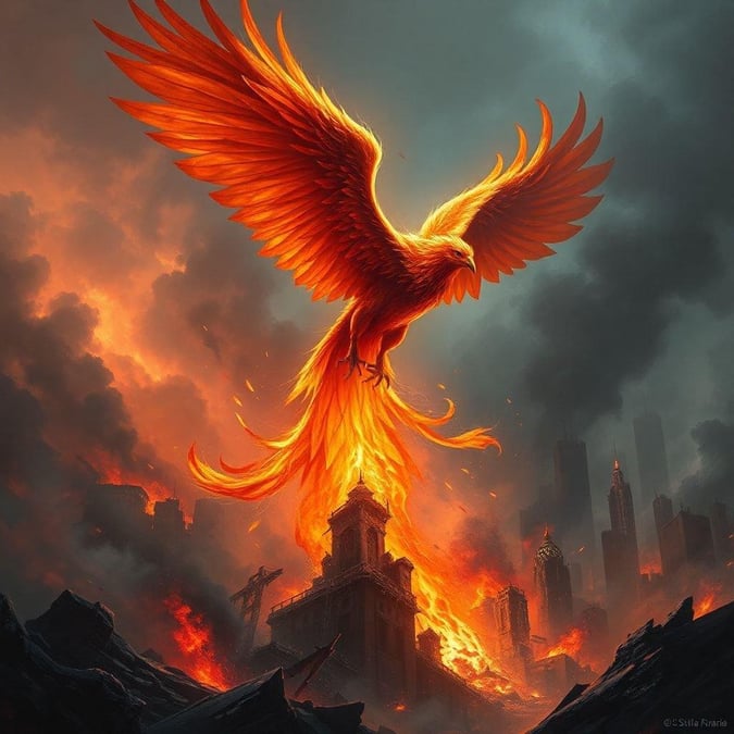 This fantasy wallpaper features a phoenix rising from the ashes, set against a backdrop of flames and smoke. The image is perfect for fans of fantasy and adventure, and would look great on any desktop or mobile device.