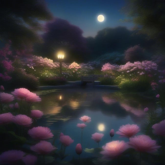 A serene night-time scene featuring blooming flowers near a tranquil pond, with a full moon casting a gentle glow.