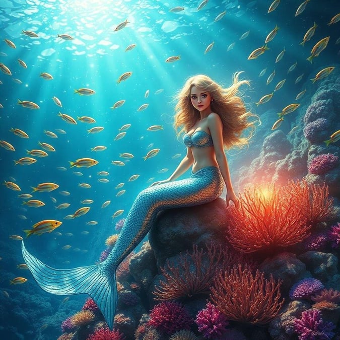 Exploring the magical depths of the sea, this mermaid seems to be enjoying her underwater world. This image captures the serene and mystical essence of fantasy characters.