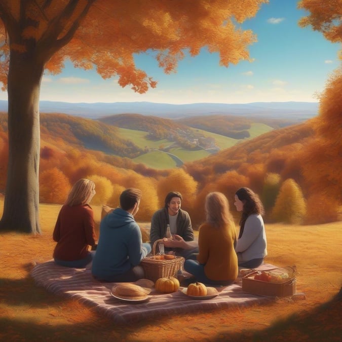 Four friends sharing an autumn picnic in a picturesque countryside, celebrating the season with food and conversation.