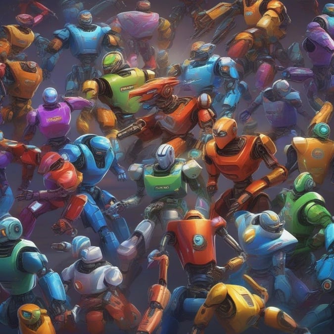 This vibrant wallpaper showcases a diverse group of robots in action, each with its own unique design and color scheme. The robots are depicted in various poses, from standing to running, creating a dynamic and energetic scene. The image is perfect for anyone who loves technology, innovation, and futuristic themes.