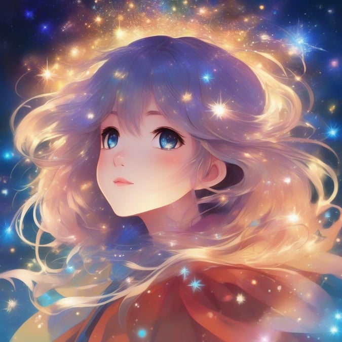 An enchanting wallpaper featuring an anime girl with flowing hair, surrounded by sparkling stars. A whimsical blend of fantasy and beauty, perfect for any desktop or mobile device.