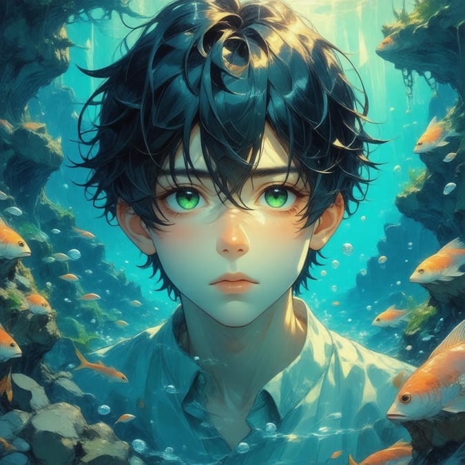 Explore an enchanting underwater kingdom where mermaids swim freely. A young boy with curious eyes peeks through, his face hidden by the mystical aquatic world.