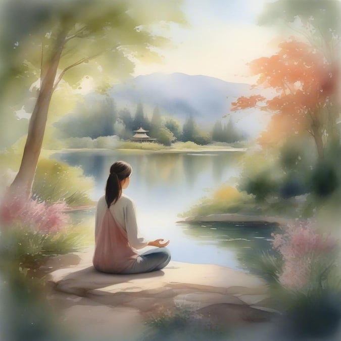 This beautiful wallpaper captures a peaceful moment of a woman meditating by a lake, surrounded by lush greenery and a distant pagoda. The soft colors and gentle atmosphere evoke a sense of calm and tranquility, making it perfect for desktop and mobile use, especially on Mother's Day.