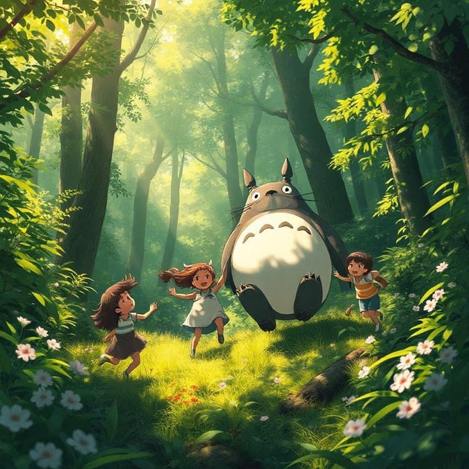 A serene and whimsical scene featuring Totoro, the beloved anime character, surrounded by lush greenery and vibrant flowers.