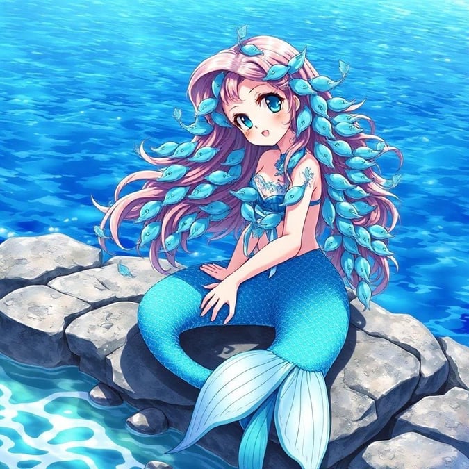 A charming anime mermaid princess sits on a rocky shoreline, her hair a cascade of sparkling blue fish. The deep blue ocean and bright sky create a serene, fantasy-filled scene.