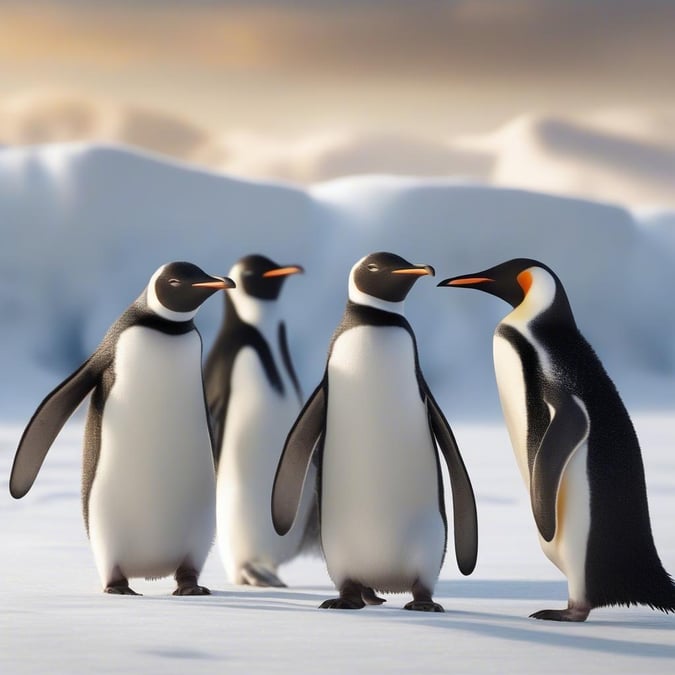 Penguins standing on an icy landscape, enjoying the snow. A festive winter scene.