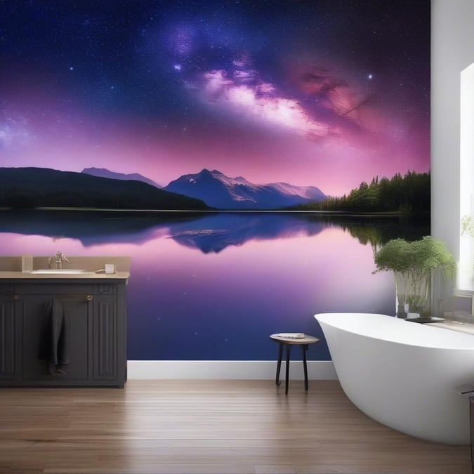 A bathroom scene that captures the tranquility of a night sky over mountains, reflected in still waters at dusk. This wallpaper is perfect for those who love space and peaceful environments.