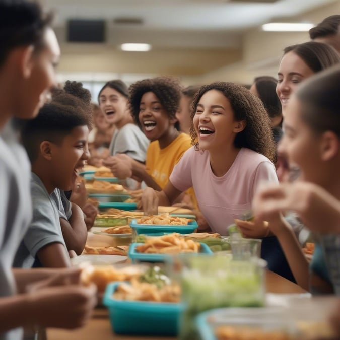 A lively back-to-school scene where a group of children are enjoying a meal together. They're laughing and smiling, ready to kick off the school year with joy.