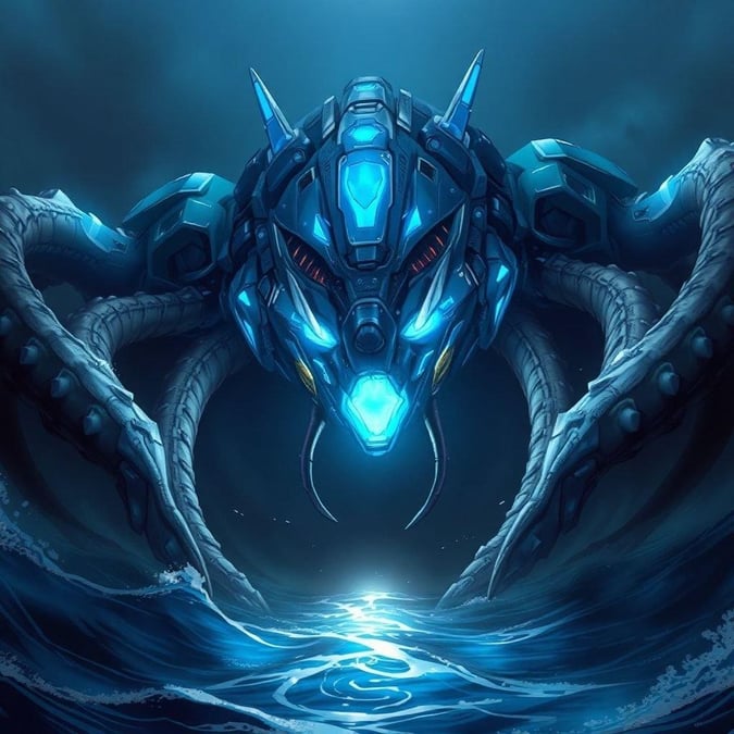 A futuristic mecha with a glowing blue face, surrounded by dark, mysterious waters.