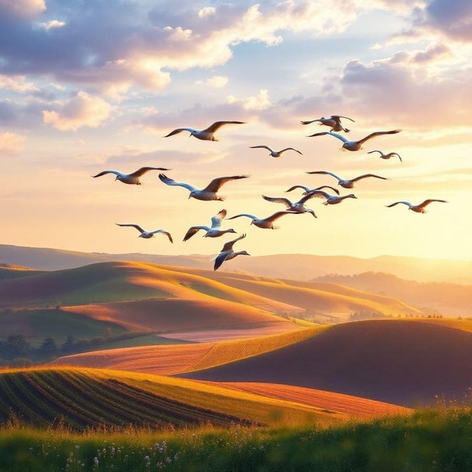 A picturesque scene of nature with geese flying over a field at sunrise, possibly returning to their nesting grounds. The golden light of dawn contrasts with the silhouette of the birds against the sky.