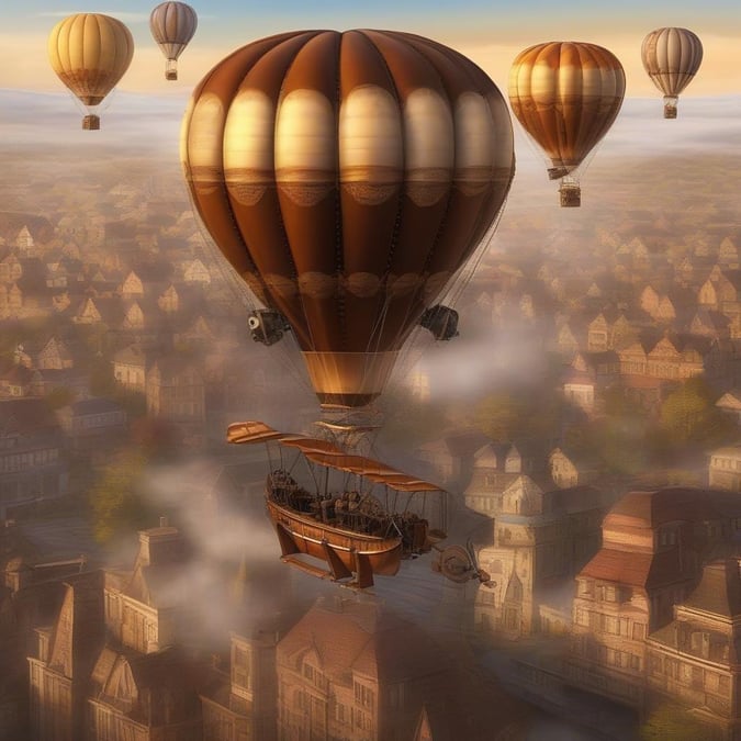 Take in the breathtaking view of vintage hot air balloons soaring above a cityscape, a unique blend of nostalgia and modernity.