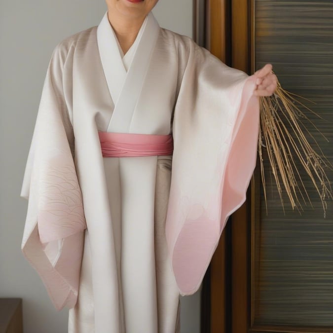 This image showcases the elegance and intricate design of traditional Japanese kimonos. The kimono is held aloft by a thin branch, symbolizing its delicacy and grace.