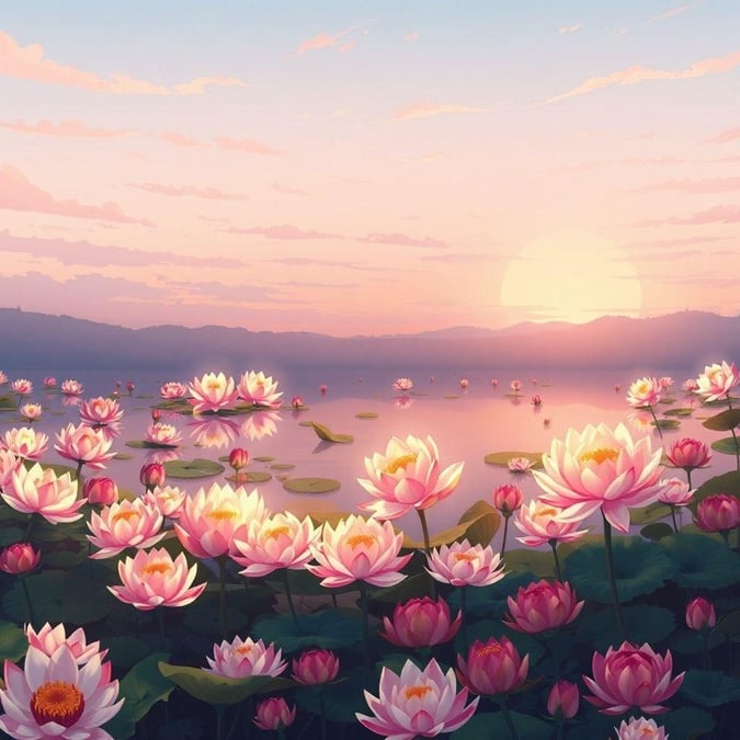 This stunning wallpaper features a serene pond of lotus flowers, with a reflection of the flowers in the still water, and a peaceful sky. The foreground is filled with vibrant, colorful lotus flowers, contrasting the dark background. The illustration captures a peaceful moment in nature, with a harmonious blend of natural and artificial elements. Perfect for desktop and mobile use, this wallpaper is sure to bring a touch of serenity to your digital space.