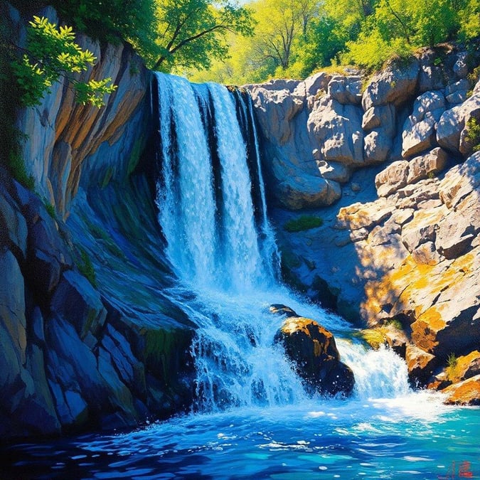 A picturesque, flowing waterfall surrounded by lush greenery.