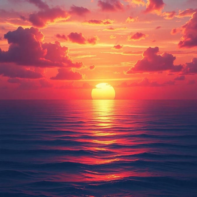 A breathtaking sunset over the ocean, with the sun setting in the distance and casting a warm glow over the water and clouds.