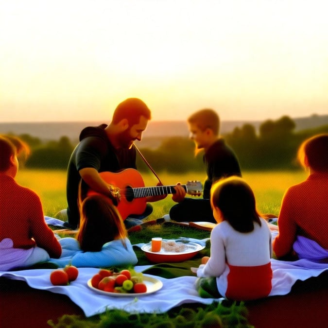 A family enjoying their time outdoors, celebrating Father's Day with music. A dad plays guitar while his kids look up at him adoringly.