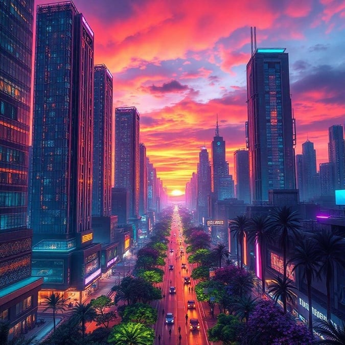 A serene view of an urban skyline during sunset, with neon lights and city life below.