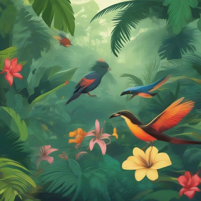 Escape to a tropical paradise with this stunning wallpaper featuring vibrant birds and lush greenery. Perfect for adding a touch of nature to your desktop or mobile device.